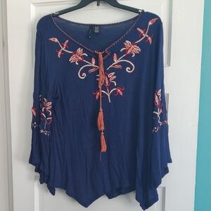 New Directions Navy Blouse with Peach Embroidery